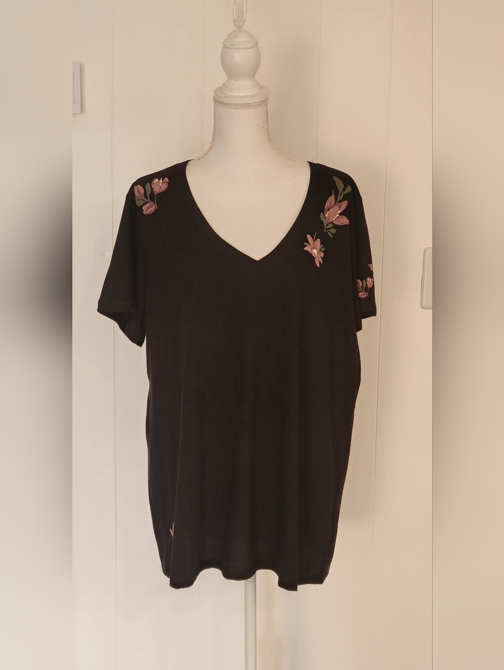 torrid Black V-Neck Tee with Pink Floral Accents